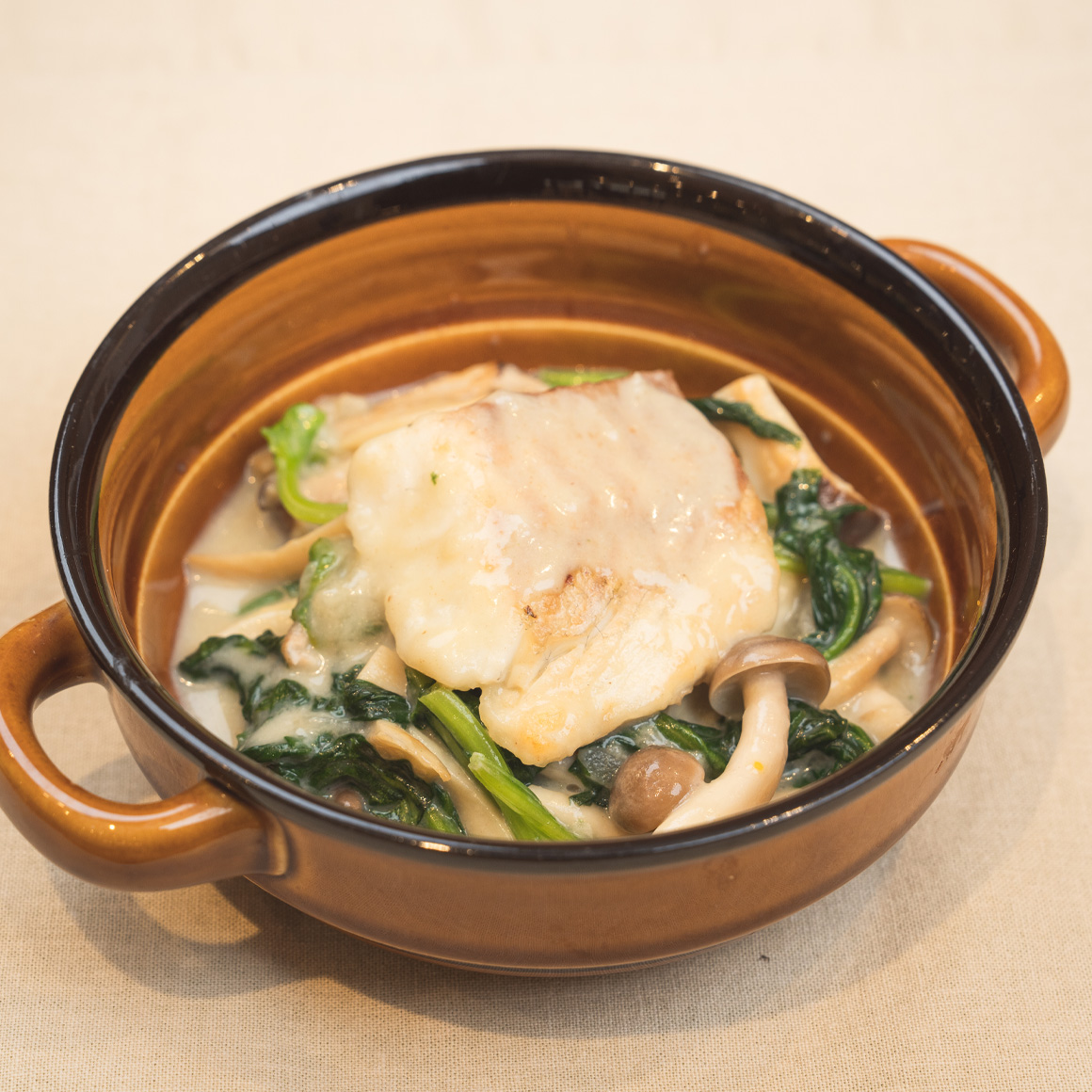 小松菜と白身魚のクリーム煮　料理画像